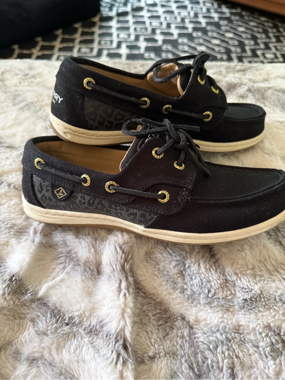 Sperry Black Canvas Boat Shoes with Gold Eyelets 7.5 EUC